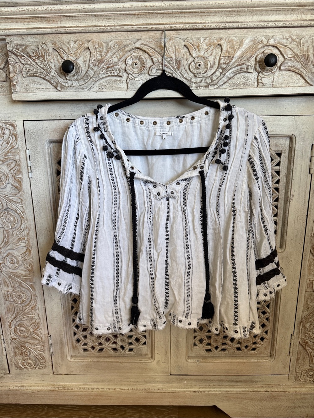 Tularosa White Tunic Top with Black Embroidery